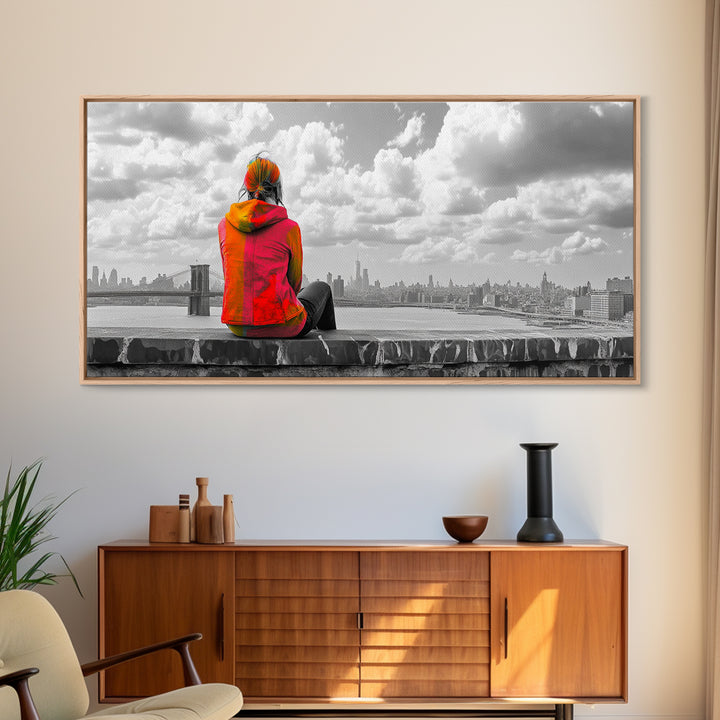 Rooftop View, Urban Woman, Brooklyn Bridge, Reflective Mood, Framed Canvas Print, Modern City Wall Art, Inspirational Office Decor