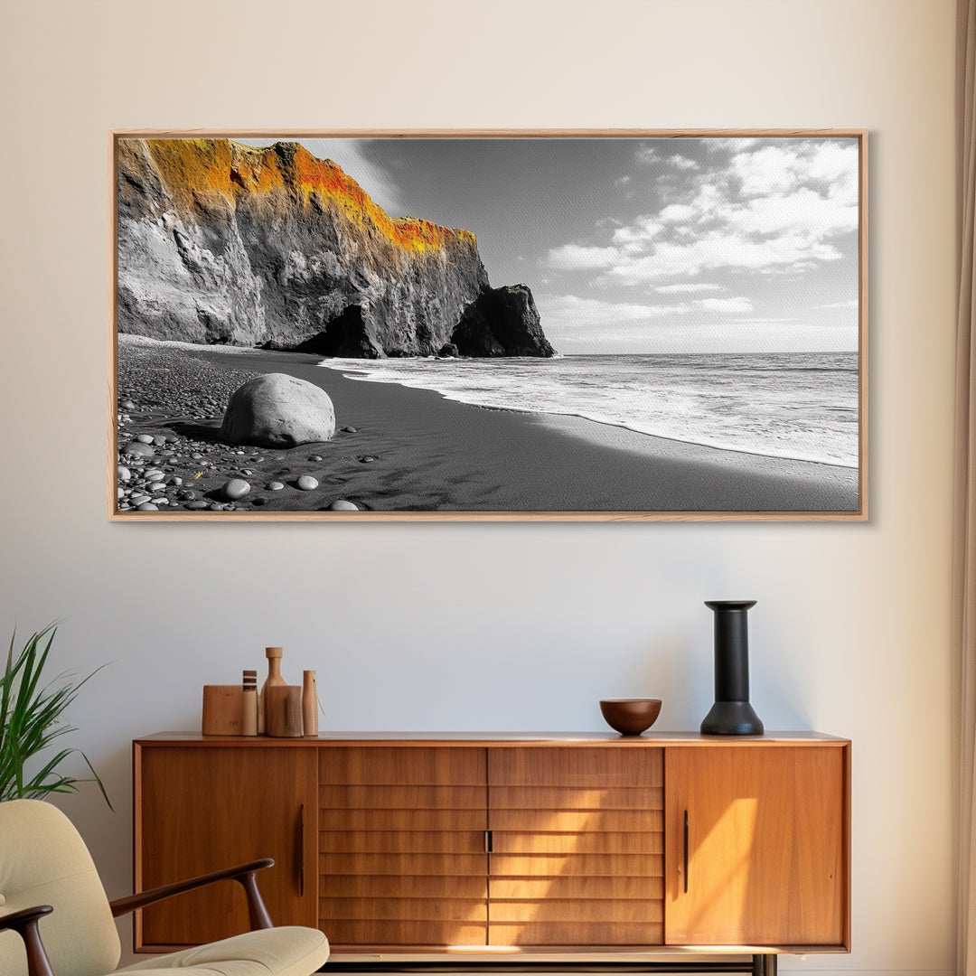 Coastal Cliff View, Monochrome Shore, Bold Nature Scene, Framed Canvas Print, Beach Wall Art, Dramatic Landscape, Modern Office Decor