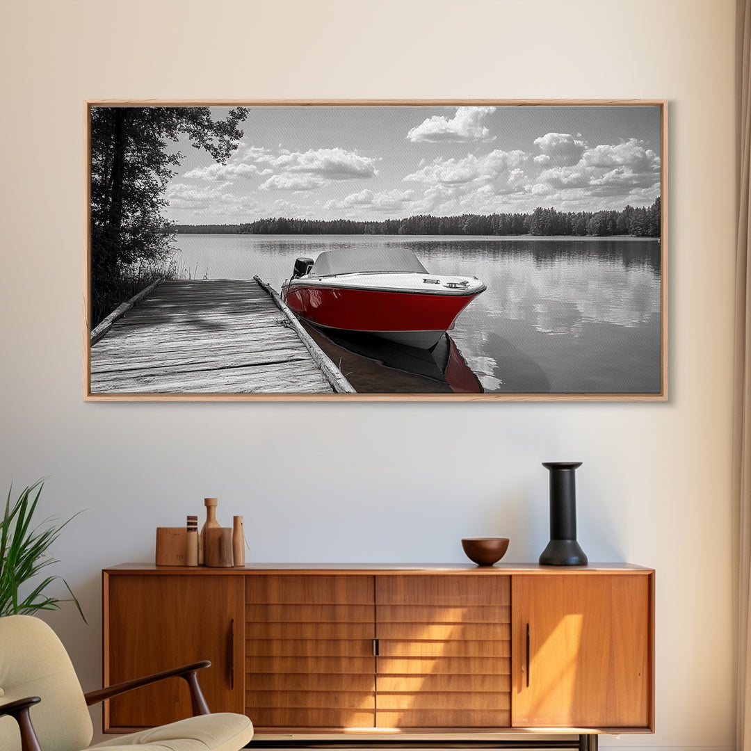 Rustic Boathouse, Red Canoe, Lake Reflection, Tranquil Nature, Framed Canvas Print, Cabin Wall Art, Autumn Lake House Decor