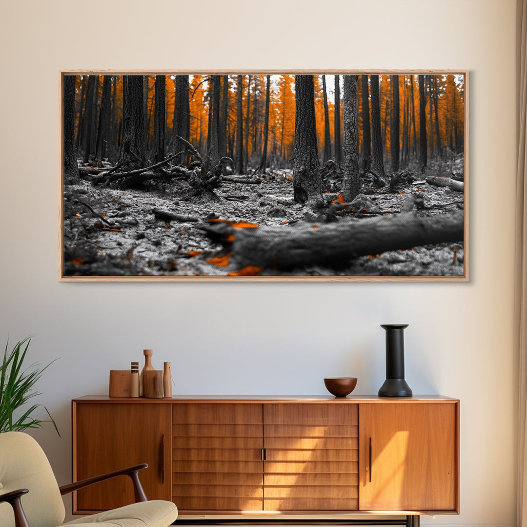 Autumn Forest Floor, Orange Leaves, Fall Nature Scene, Canvas Print, Rustic Wall Art, Cabin Decor, Moody Landscape Framed Canvas Print