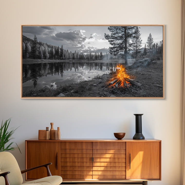 Campfire Sunset, Lake Reflections, Wilderness Escape, Nature Serenity, Framed Canvas Print, Rustic Decor, Autumn Wall Art, Living Room