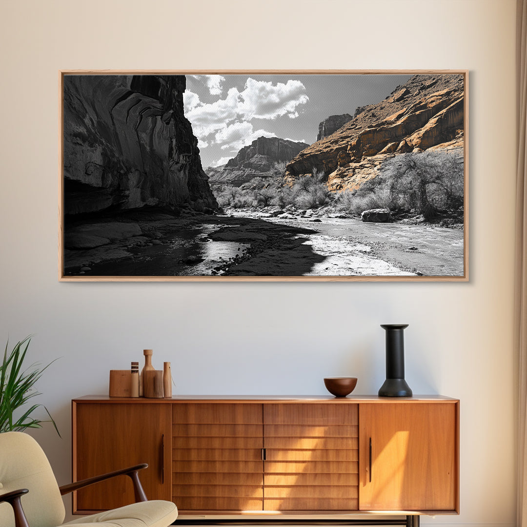 Desert Canyon, River Shadows, Rock Formations, Wild Terrain, Framed Canvas Print, Nature Wall Art, Earth Tone Decor, Living Room Style