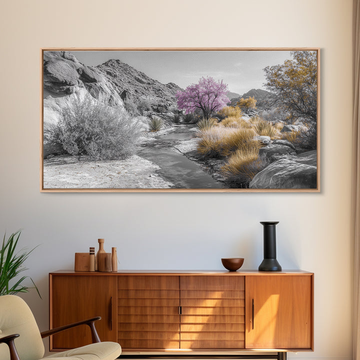 Desert Bloom, Surreal Landscape, Pink Tree, Earthy Desert Colors, Framed Canvas Print, Boho Living Room Wall Art, Southwestern Nature Scene