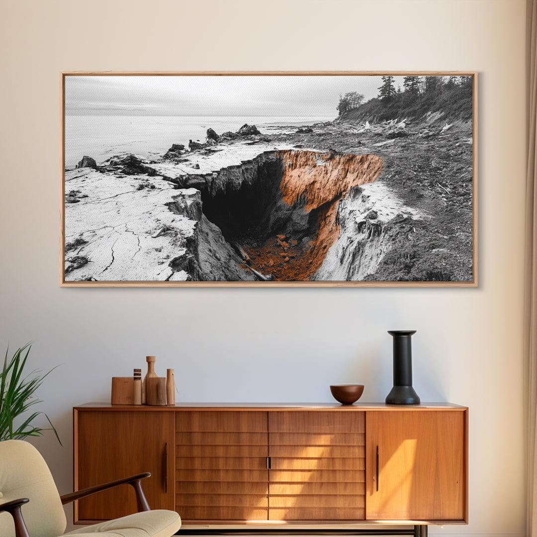 Coastal Cliff, Erosion Edge, Rugged Shoreline, Ocean Mystery, Framed Canvas Print, Modern Nature Wall Art, Earthy Office Decor, Beach Mood