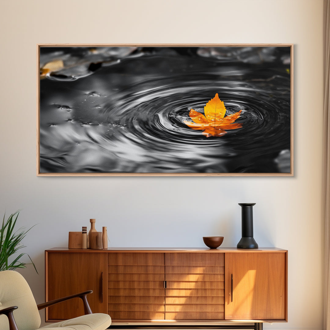 Autumn Leaf Ripple, Nature Zen Moment, Framed Canvas Print, Fall Wall Decor, Minimalist Art, Bathroom or Spa Wall Art, Peaceful Vibe