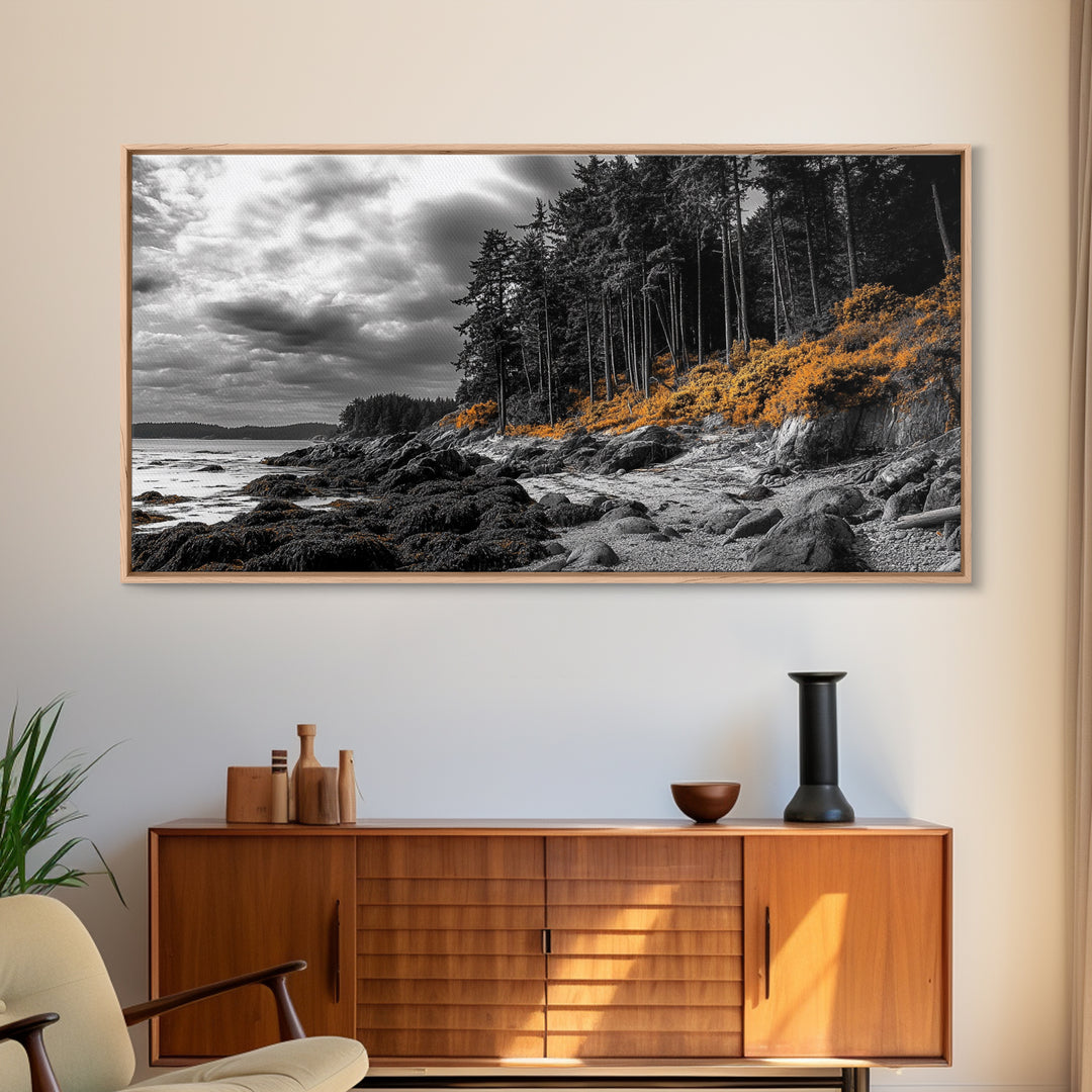 Autumn Coastline, Orange Forest Edge, Framed Canvas Print, Coastal Nature Art, Fall Wall Decor, Rustic Living Room Style, Moody Sky