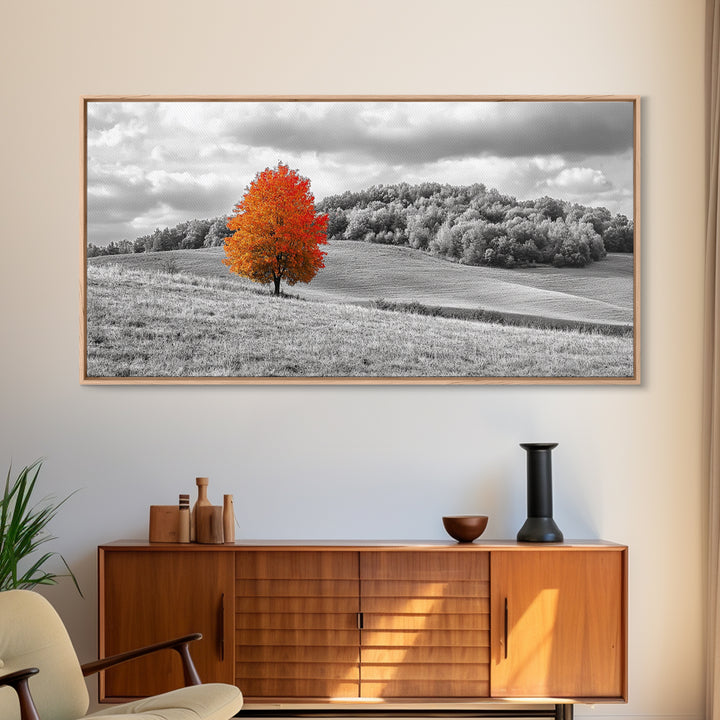 Autumn Tree, Rolling Hills, Minimalist Landscape, Fall Decor, Framed Canvas Print, Office Wall Art, Vibrant Red Orange Tree Scene