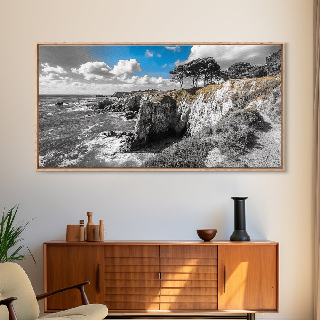 Coastal View, Cliffside Trees, Ocean Horizon, Nature Escape, Canvas Print perfect coastal wall art, minimalist home decor, bathroom art