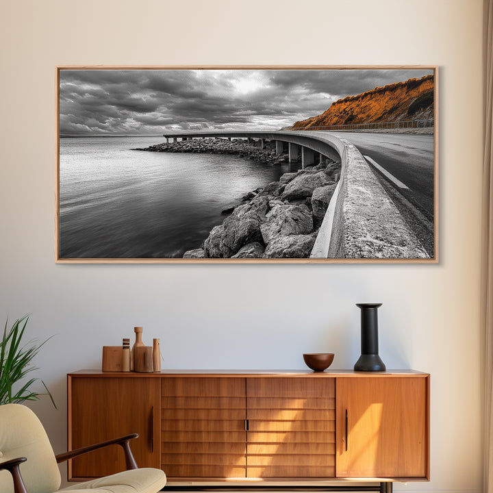 Cliffside Road, Autumn Drive, Ocean View, Stormy Sky, Canvas Print fall landscape art, modern hallway decor, minimalist travel scene