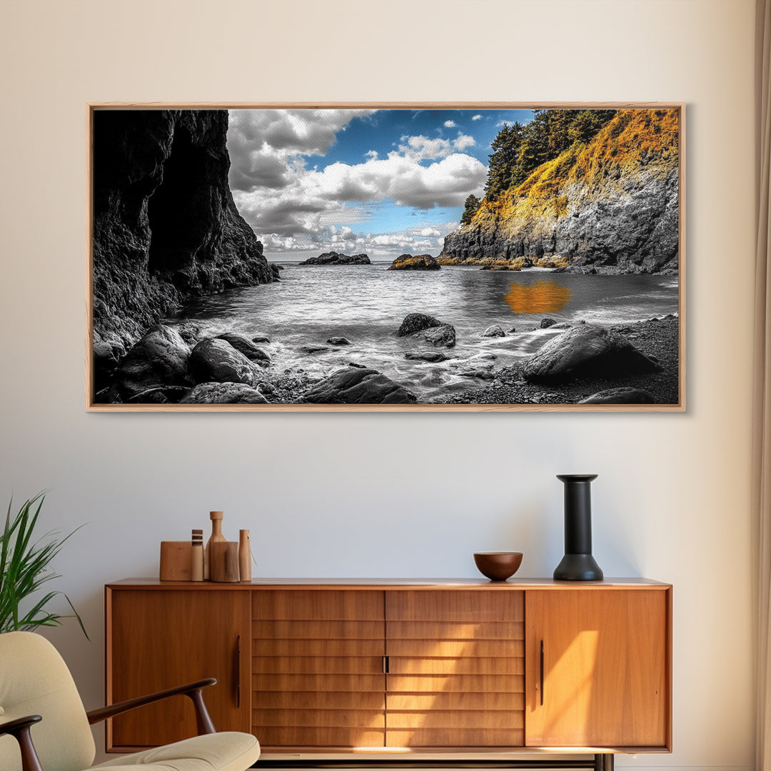 Rocky Cove, Coastal Escape, Golden Hillside, Ocean View, Canvas Print boho coastal art, fall themed decor, living room wall piece