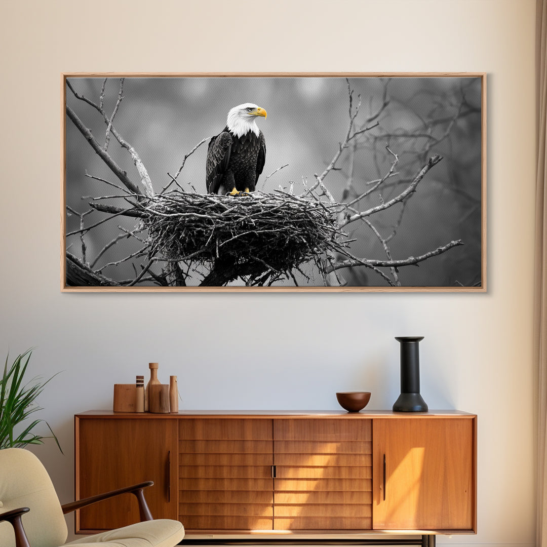 Bald Eagle, Monochrome Nature, Wildlife Photography, Fierce Majesty, Framed Canvas Print, Office Wall Art, Black White Bold Bird Scene