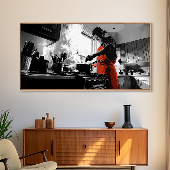 Bold Cooking Moment, Artistic Kitchen Scene, Red Apron Chef, Steam and Light, Framed Canvas Print, Kitchen Wall Art, Modern Pop Style