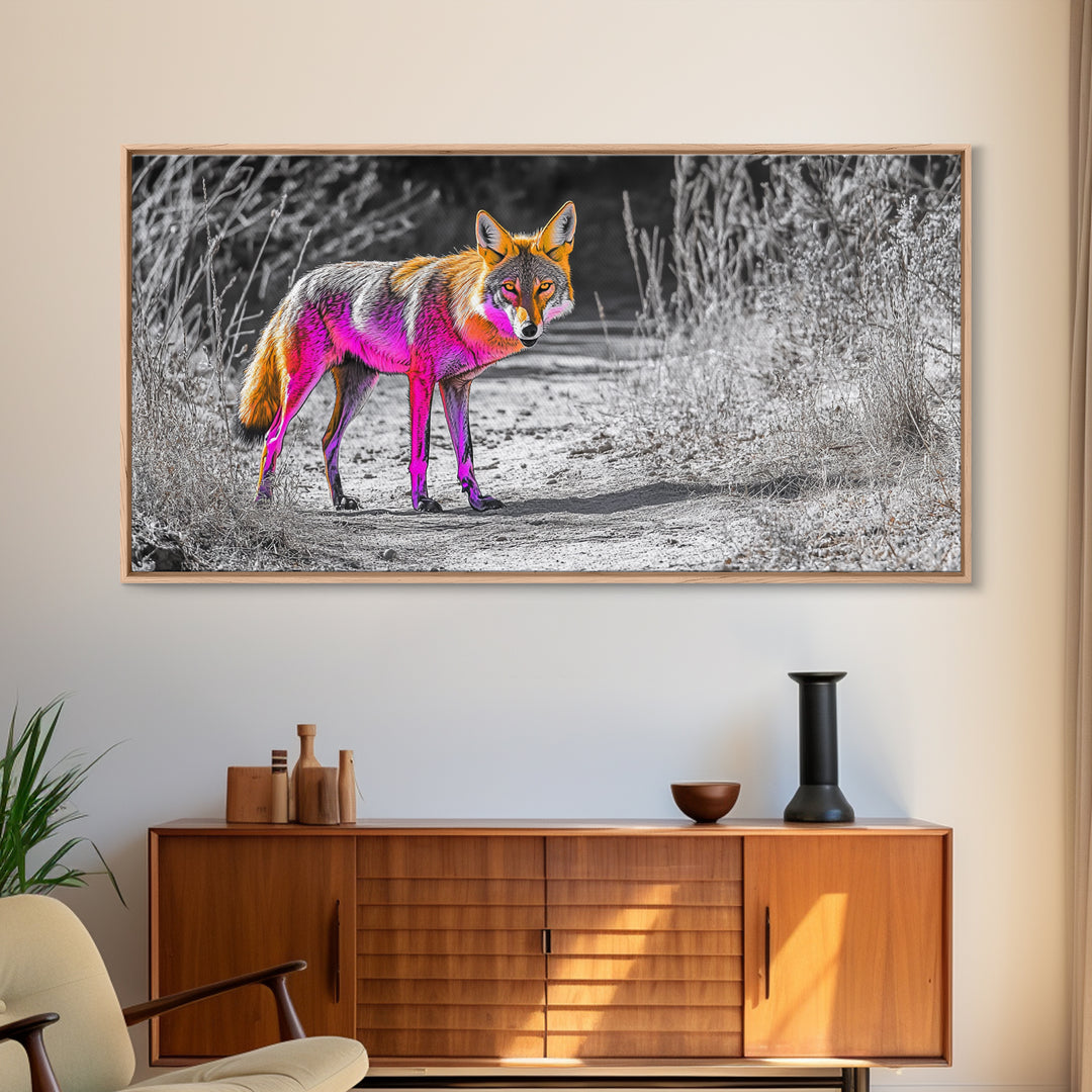 Neon Fox Portrait, Vibrant Wildlife Path Scene, Bright Nature Animal, Framed Canvas Print, Bedroom Wall Art, Psychedelic Animal Style