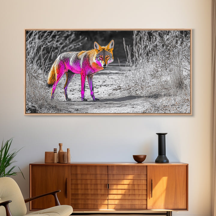Neon Fox Portrait, Vibrant Wildlife Path Scene, Bright Nature Animal, Framed Canvas Print, Bedroom Wall Art, Psychedelic Animal Style