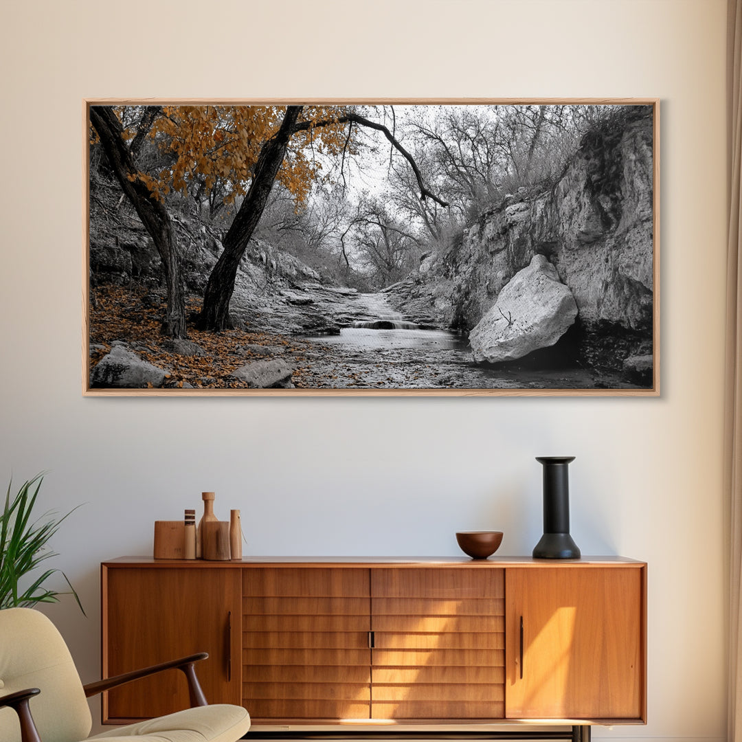 Autumn Stream, Orange Leaves, Waterfall Path, Framed Canvas Print, Fall Wall Art, Rustic Living Room Decor, Seasonal Nature Photography