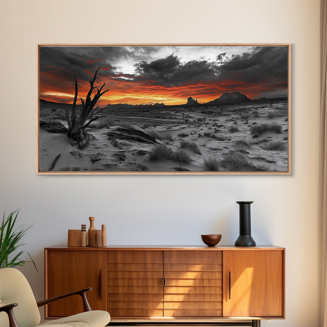 Desert Sunset, Red Sky, Monochrome Sand, Framed Canvas Print, Southwest Wall Art, Boho Bedroom Decor, Dramatic Nature Photography