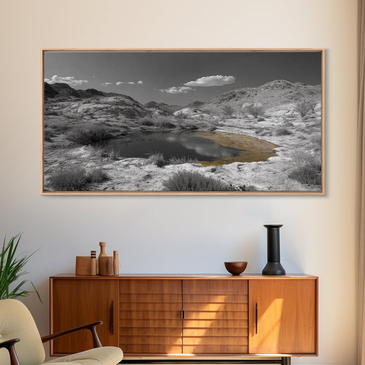 Desert Pool, Yellow Reflection, Desert Hills, Framed Canvas Print, Minimalist Nature Art, Neutral Home Decor, Modern Office Wall Art