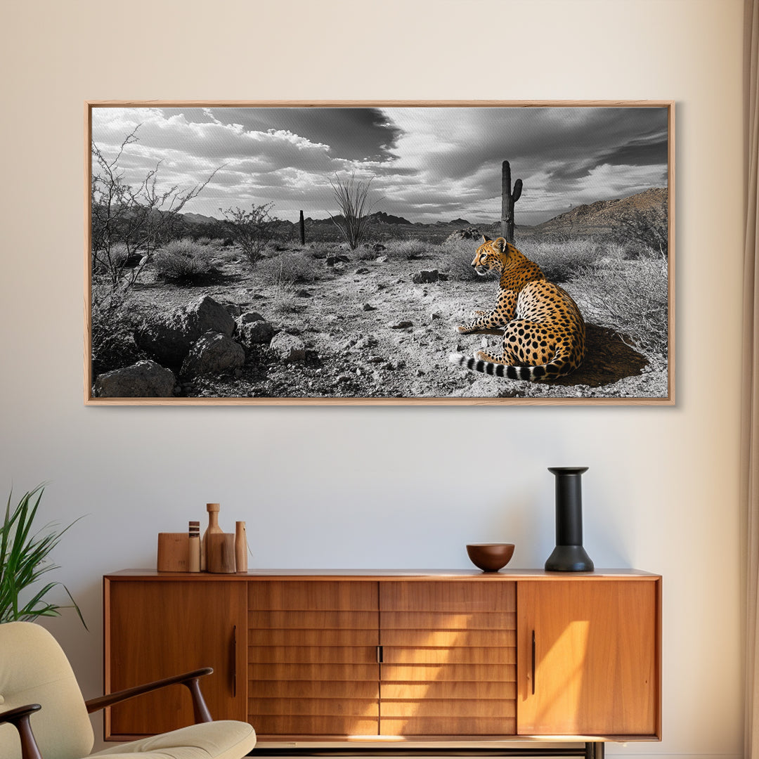 Cheetah Desert, Wild Cat, Monochrome Landscape, Framed Canvas Print, Safari Wall Art, Animal Lover Decor, Masculine Office Artwork