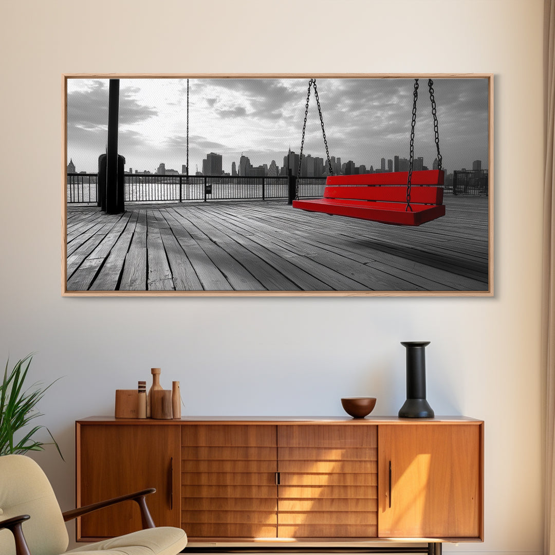 Red Swing, Skyline View, Urban Romance, Canvas Print, Cityscape Wall Art, Modern Minimalist Decor, Contemporary Bedroom Accent