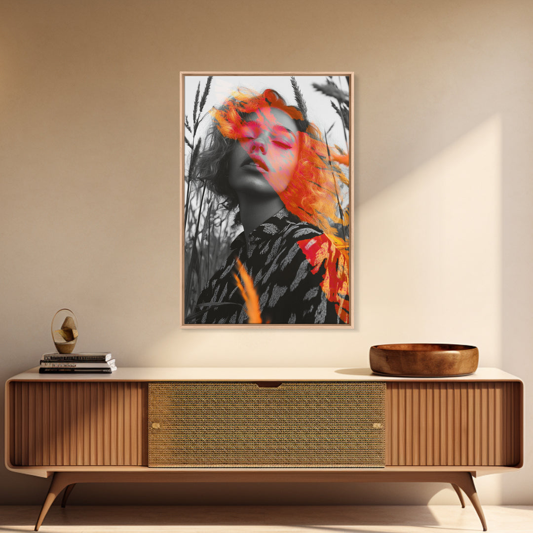 Surreal Woman, Field Portrait, Neon Face Art, Framed Canvas Print, Bold Feminine Wall Art, Bedroom Decor, Modern Pop Art Print