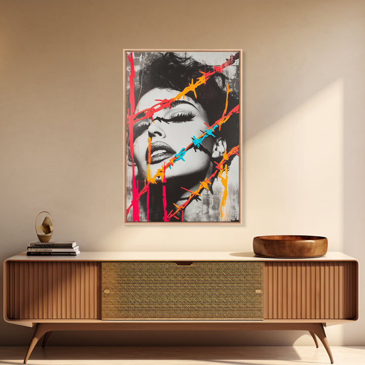 Neon Barbed Beauty, Graffiti Glam, Bold Portrait, Framed Canvas Print, Urban Wall Art, Edgy Bedroom Decor, Pop Art Style Statement