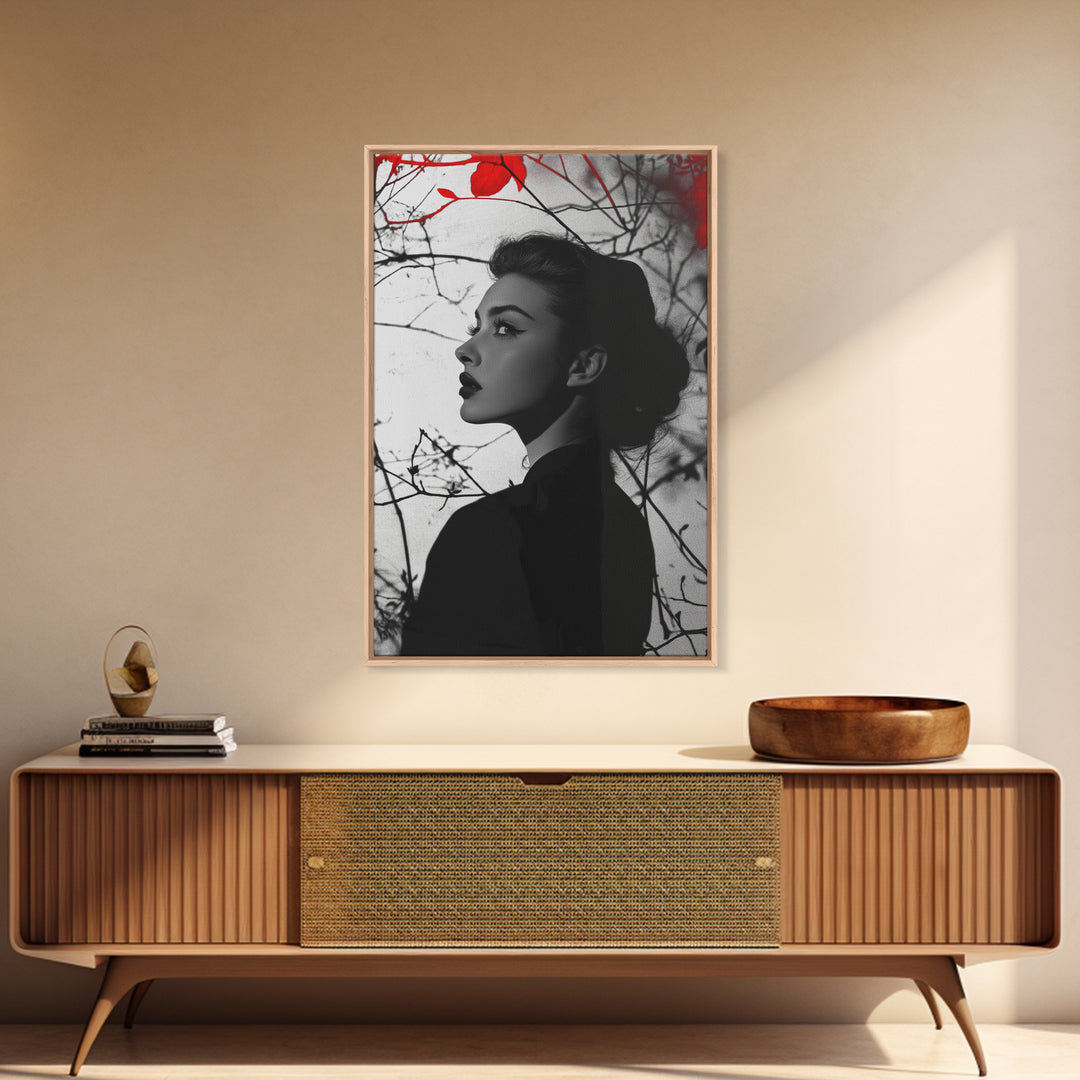 Noir Beauty, Red Accent Leaves, Dramatic Woman Profile, Framed Canvas Print, Glamour Wall Art, Gothic Bedroom Decor, Monochrome Style