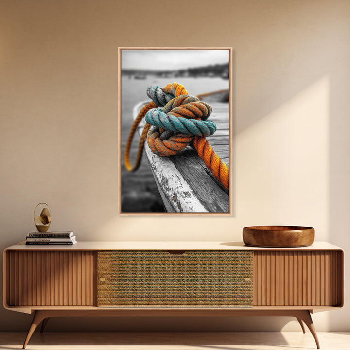 Nautical Rope, Boat Knot, Harbor Texture, Rustic Detail, Framed Canvas Print, Coastal Kitchen Art, Marine Decor, Boho Nautical Style