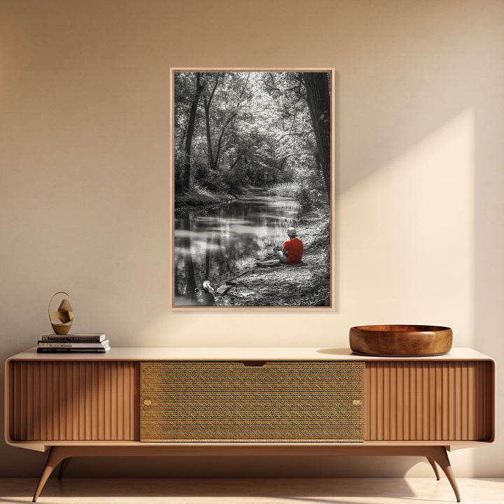 Boy Fishing, River Calm, Peaceful Moment, Nature Scene, Framed Canvas Print, Cabin Wall Art, Woodland Fall Decor, Tranquil Vibe