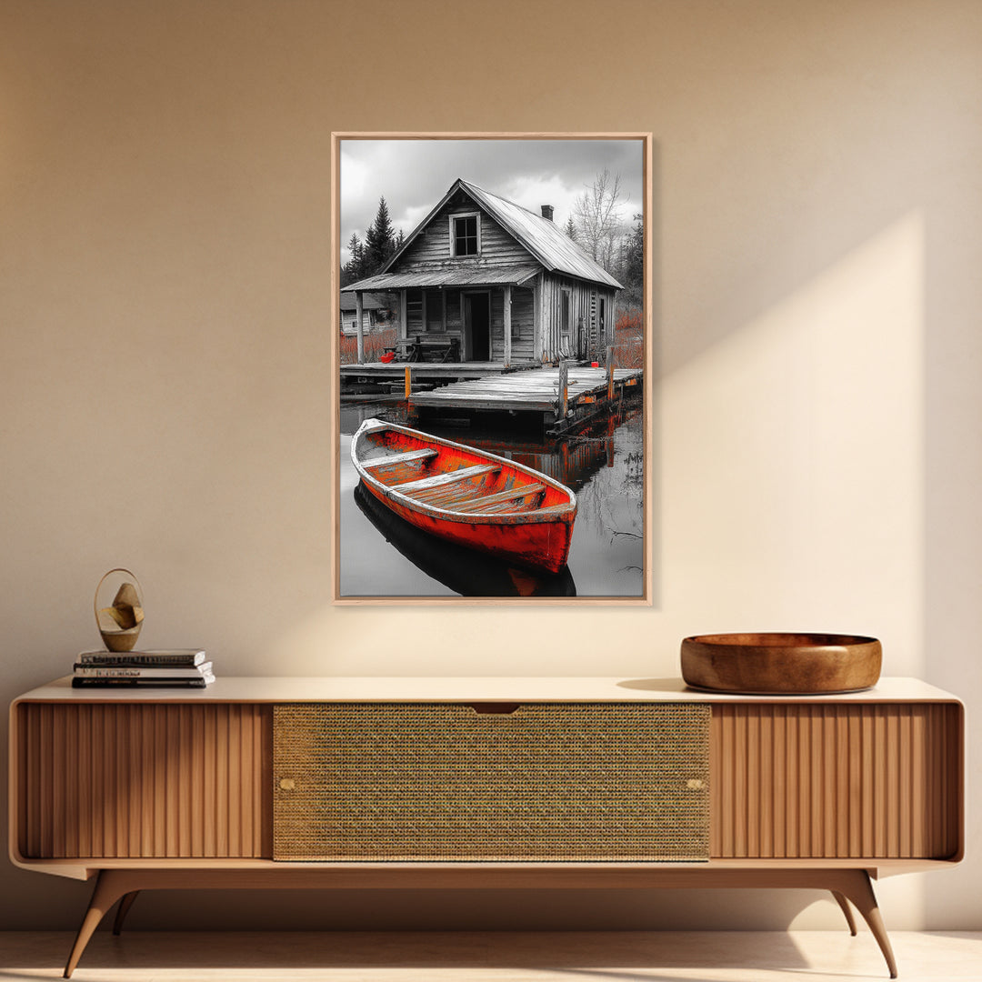 Cabin Reflection, Rustic Rowboat, Autumn Red, Lake Dock, Canvas Print, Fall Wall Art, Country Home Decor, Rustic Landscape, Lodge Style Art