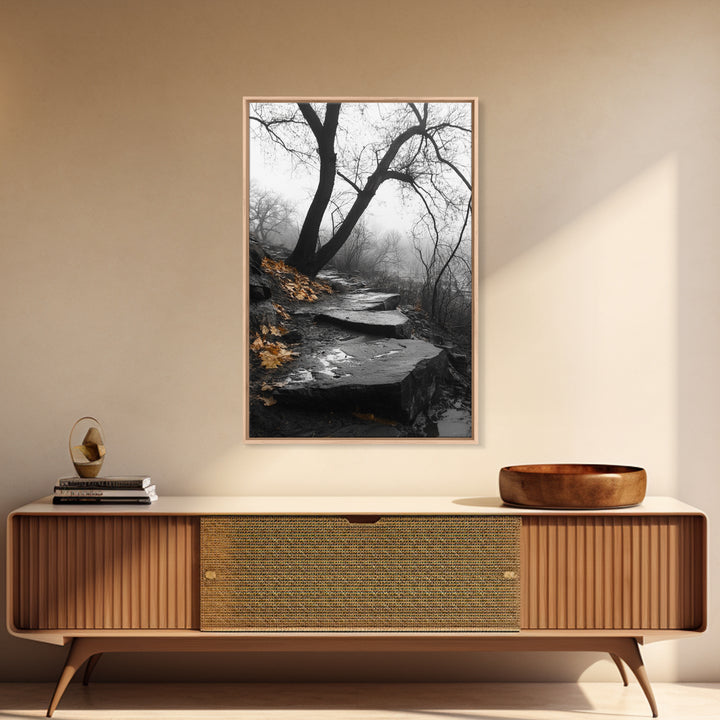 Stone Path, Autumn Trail, Moody Forest, Yellow Leaves, Canvas Print, Fall Nature Wall Art, Rustic Entryway Decor, Misty Woodland Scene