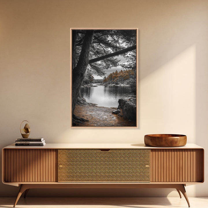 Autumn Forest Lake, Nature Photography, Scenic Landscape, Canvas Print, Rustic Cabin Decor, Neutral Tones, Bedroom Wall Art, Outdoor Art
