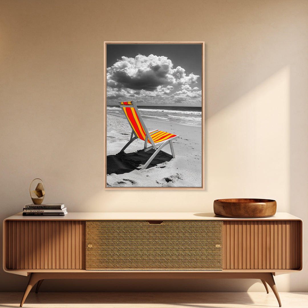Beach Chair Alone, Tropical Vibes, Color Pop Seaside, Framed Canvas Print, Coastal Wall Art, Summer Decor, Relaxation Room Art