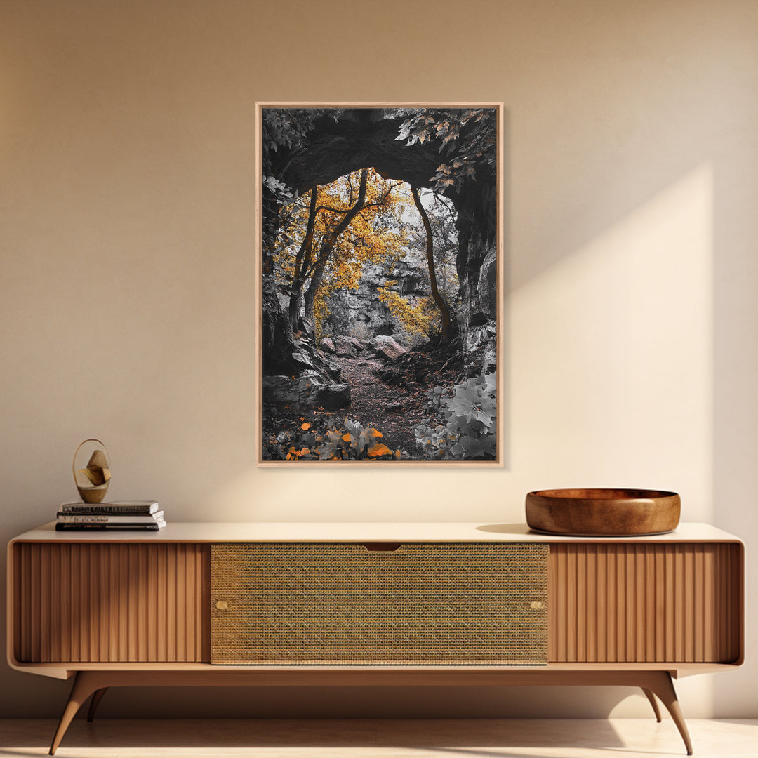 Autumn Trail, Yellow Foliage, Forest Pathway, Framed Canvas Print, Fall Wall Art, Warm Earth Tones, Rustic Entryway Decor, Woodland Scene