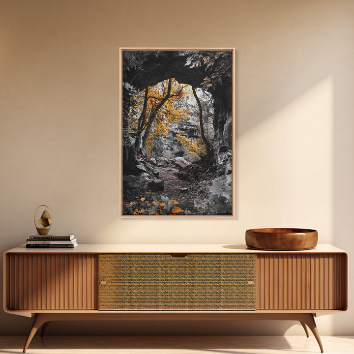 Autumn Trail, Yellow Foliage, Forest Pathway, Framed Canvas Print, Fall Wall Art, Warm Earth Tones, Rustic Entryway Decor, Woodland Scene