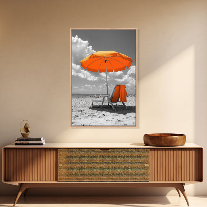 Orange Umbrella Shade, Beach Chill Scene, Relax Spot, Framed Canvas Print, Summer Wall Art, Vacation Vibe Decor, Minimalist Beach Art