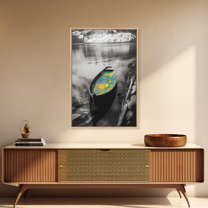 Rowboat Map Interior, Lake Reflections, Artistic Travel Theme, Canvas Print, Cabin Wall Art, Unique Lake House Decor, Explorer Style