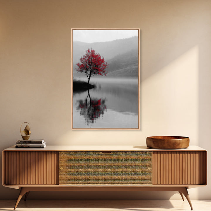 Red Tree, Foggy Lake, Peaceful Landscape Scene, Framed Canvas Print, Autumn Nature Wall Art, Minimalist Fall Decor, Moody Aesthetic