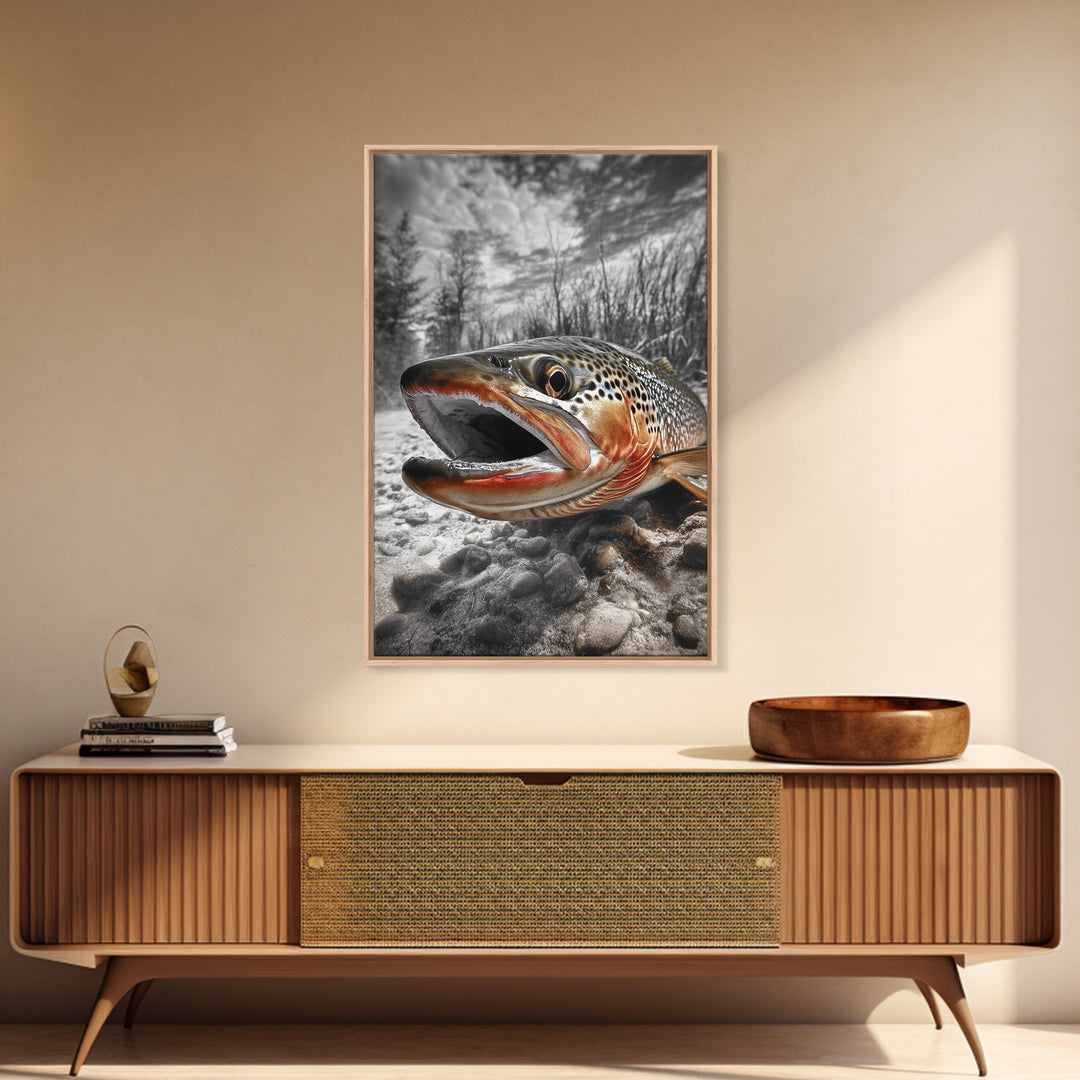 Brown Trout Closeup, Riverbed Focus, Dramatic Fish Art, Framed Canvas Print, Fisherman Gift, Cabin Wall Art, Rustic Outdoor Decor