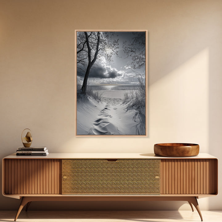 Beach Dunes Sunset, Seaside Escape, Quiet Shore Path, Coastal Calm, Framed Canvas Print, neutral coastal art,  bathroom wall decor