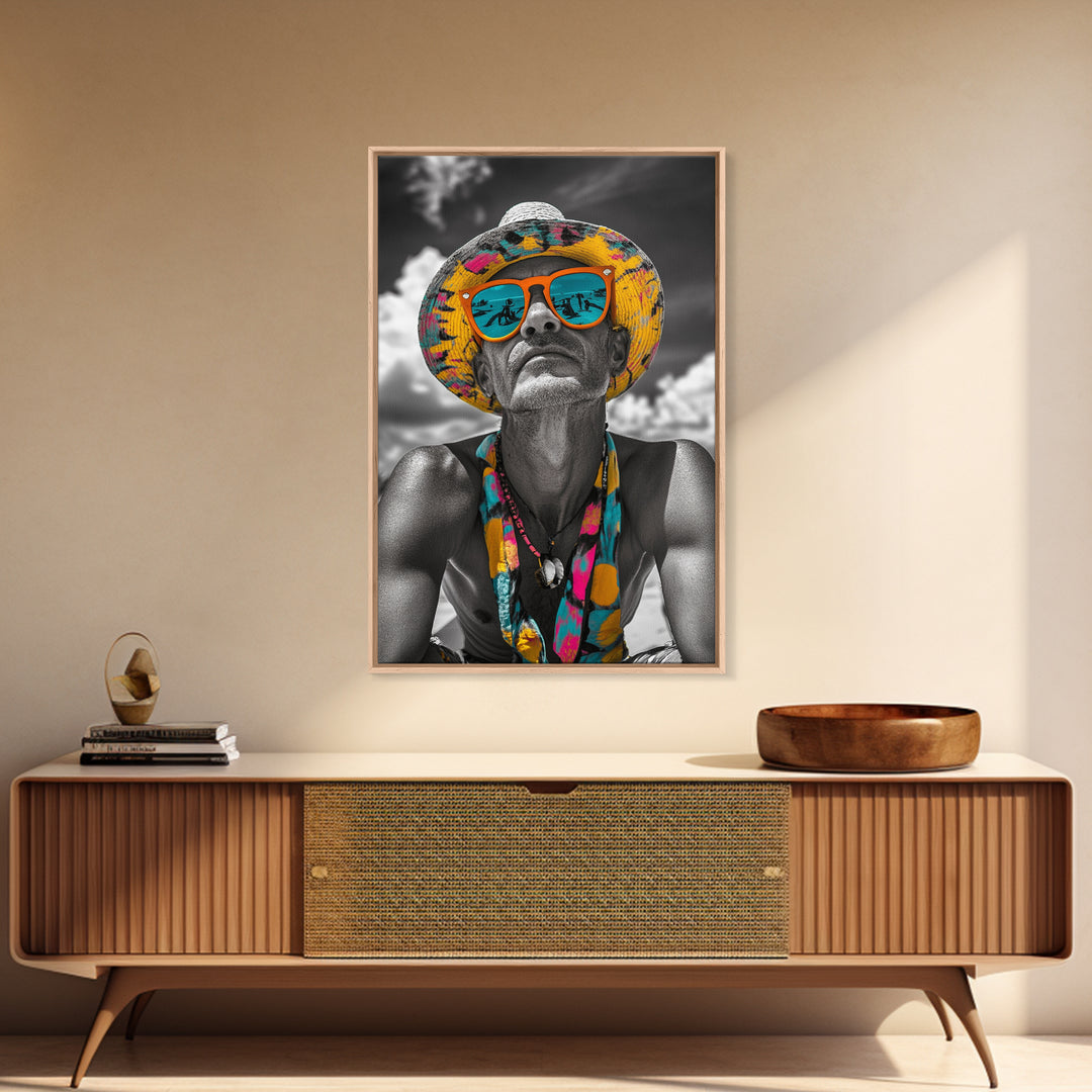 Beach Guy Portrait, Summer Sunglasses, Boho Vibe, Framed Canvas Print, Surf Shack Decor, Eclectic Wall Art, Travel Inspired Design
