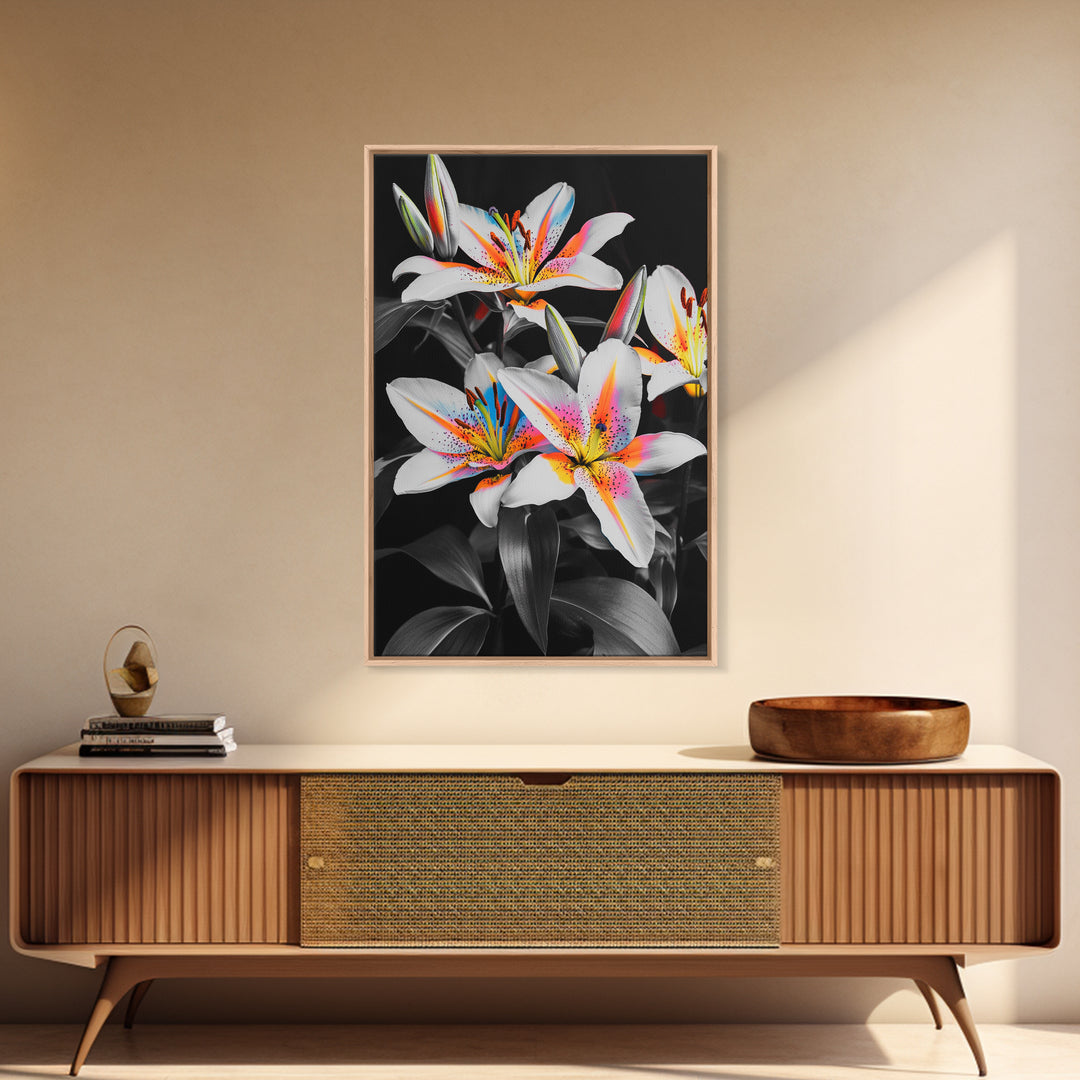 Neon Lily, Floral Bloom, Vibrant Flower, Botanical Framed Canvas Print, Color Pop Wall Art, Bedroom Floral Art, Bold Nature Decor