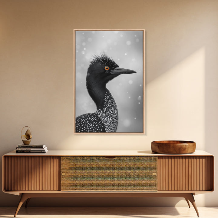 Black Loon, Bird Closeup, Snowy Glow, Winter Nature Canvas Print, Wildlife Wall Art, Modern Bedroom Decor, Birdwatcher Gift Print
