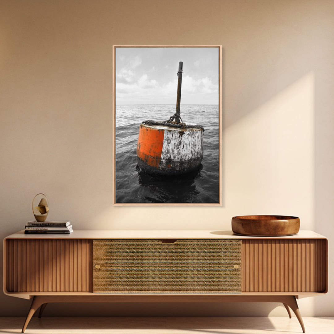 Ocean Buoy Art, Nautical Minimalism, Coastal Wall Decor, Industrial Seascape, Framed Canvas Print, Rustic Ocean Art, Bathroom Wall Art