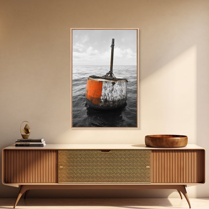 Ocean Buoy Art, Nautical Minimalism, Coastal Wall Decor, Industrial Seascape, Framed Canvas Print, Rustic Ocean Art, Bathroom Wall Art