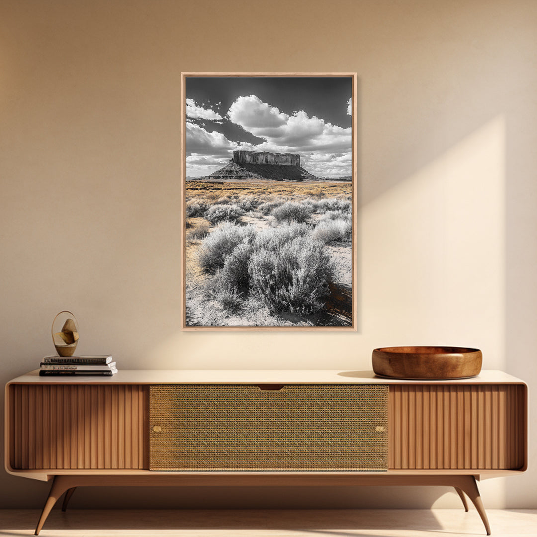 Desert Plateau View, Western Landscape Art, Rustic Nature Decor, Yellow Sagebrush, Framed Canvas Print, Southwestern Living Room Art