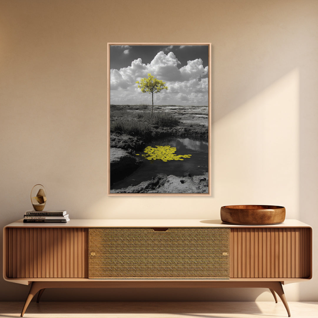 Solitary Tree, Desert Reflection, Yellow Leaves, Framed Canvas Print, Minimalist Wall Art, Bedroom Decor, Nature Fine Art Landscape