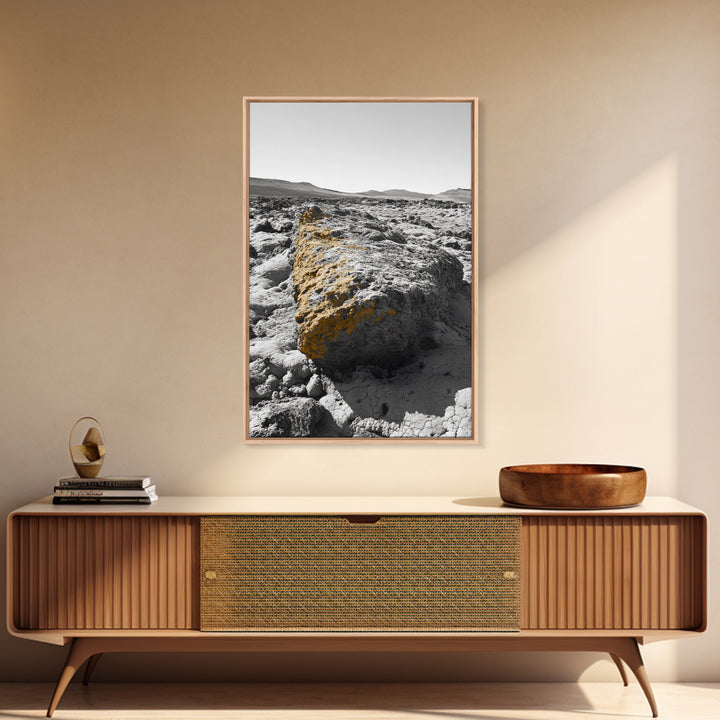 Yellow Lichen Rock, Monochrome Landscape, Desert Texture, Canvas Print, Rustic Wall Art, Minimalist Decor, Entryway or Office Art