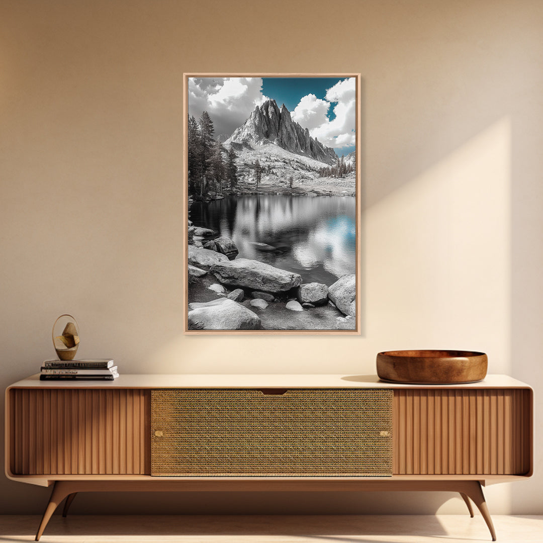 Crystal Lake Peaks, Serene Mountain Reflection, Monochrome Water Scene, Canvas Print, Bedroom Wall Art, Nature Photography Decor