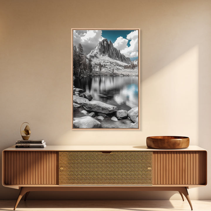 Crystal Lake Peaks, Serene Mountain Reflection, Monochrome Water Scene, Canvas Print, Bedroom Wall Art, Nature Photography Decor