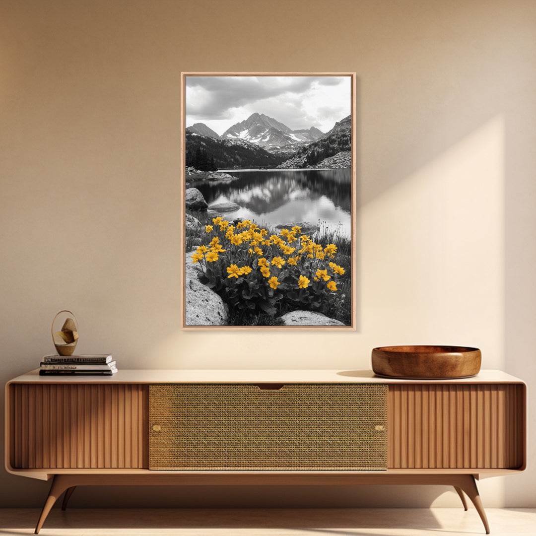 Yellow Wildflowers Lake, Alpine Meadow, Monochrome Landscape, Canvas Print, Kitchen Wall Art, Spring Nature Photography Decor